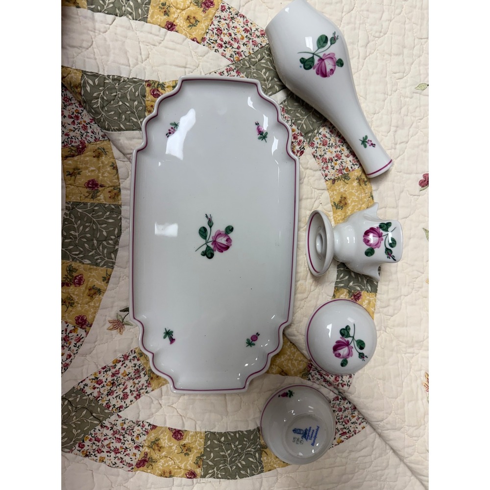 Augarten Wien Viennese Rose Porcelain Vanity Set Tray Vase Trinket Box 4pc - Picture 6 of 7